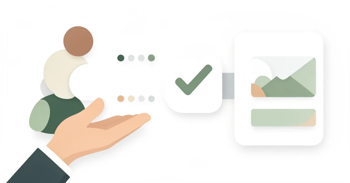 Flat vector illustration of an abstract assistant offering a suggestion while a human hand approves a blank finance card.
