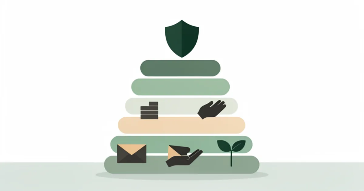 Flat vector illustration of a calm personal finance priority ladder with rounded rungs, envelopes, a shield, a hand, and a sprout.