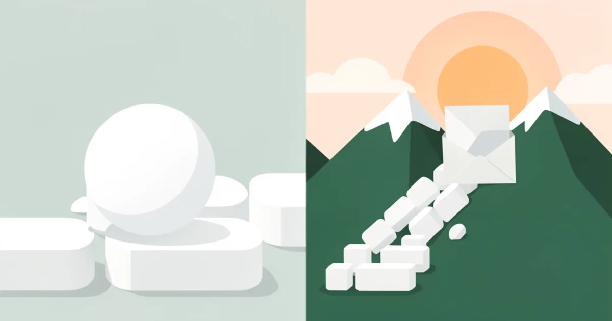 Flat vector illustration comparing a rolling snowball and a mountain avalanche path clearing blank debt blocks into a calm payoff scene.