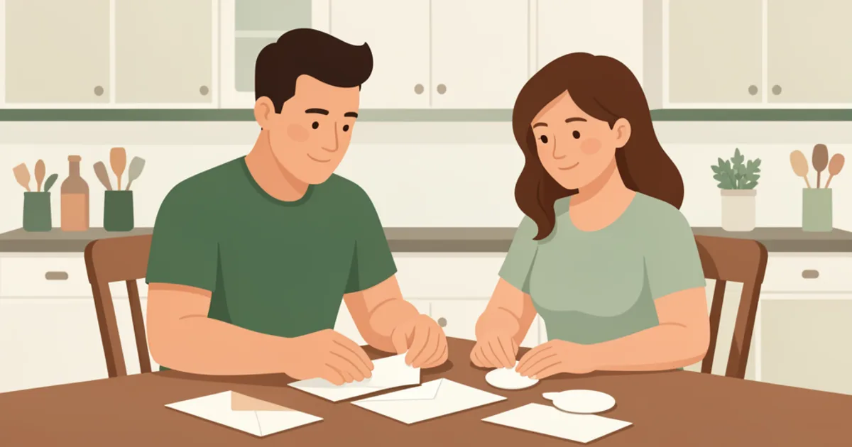 Flat vector illustration of two partners calmly reviewing simple household money envelopes together at a kitchen table.