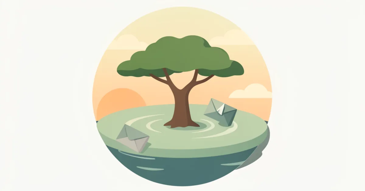 Flat vector illustration of a peaceful acacia tree on a calm circular island with soft ripples and folded envelopes.