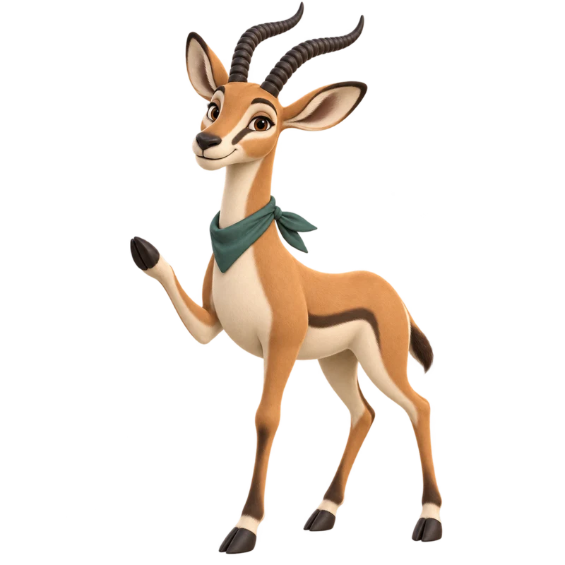 Inzolo’s friendly gazelle mascot waving hello in a teal neckerchief